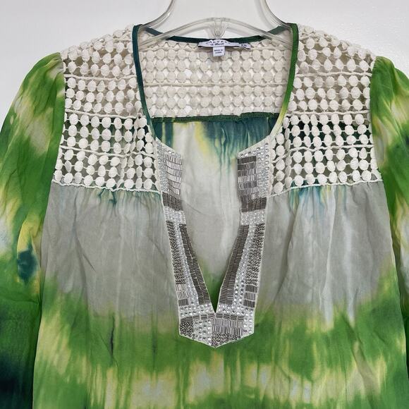 Calypso St. Barth Silk Sequin Tunic Top Size XS Green Cream Boho Batik Resort - Picture 3 of 11